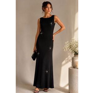Vintage Chelsea Nites Black Beaded Maxi Gown 8P Whimsigoth Celestial Formal